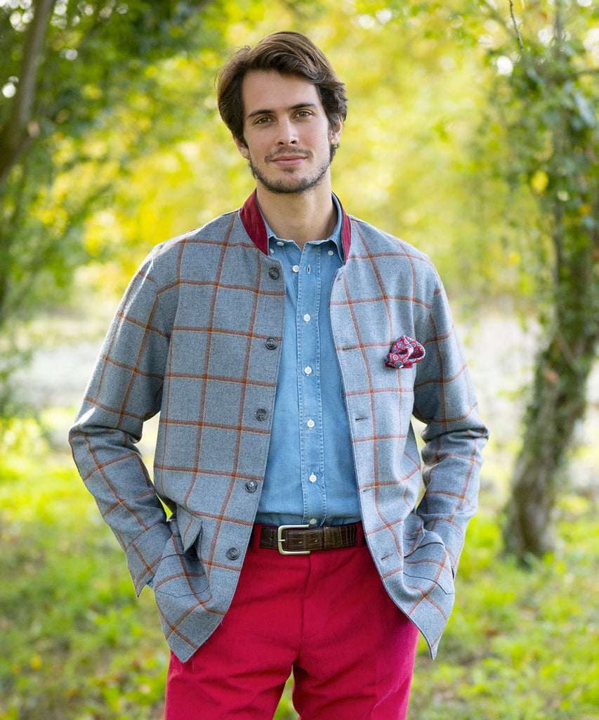 veste Mountbatten en tweed gris à carreau rouge Berteil