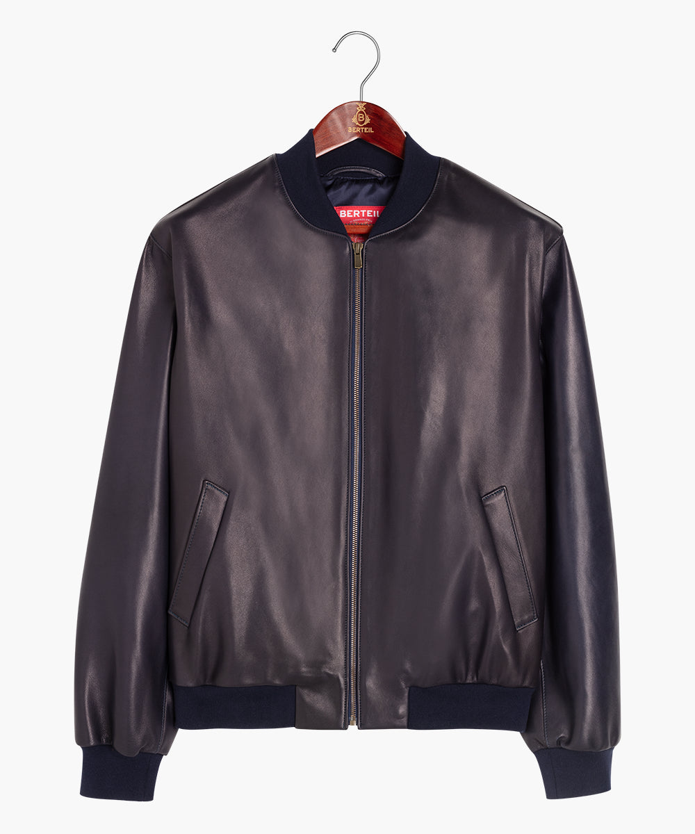 Blouson en agneau plongé marine